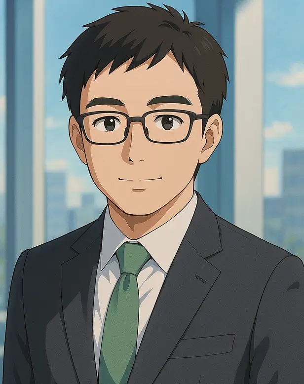 講師ともしびのイラスト。眼鏡をかけた優しそうな男性。